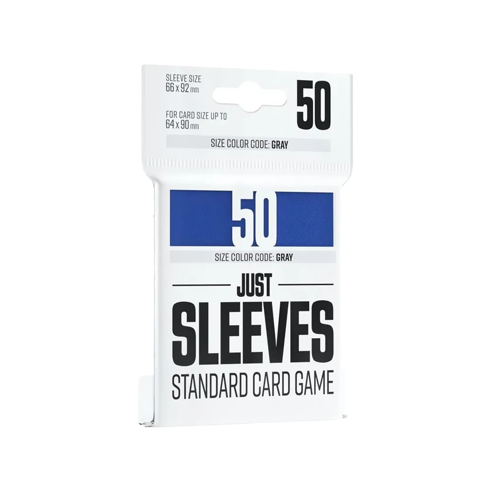 Blue card game sleeve packaging with 'Just Sleeves' branding on a white background