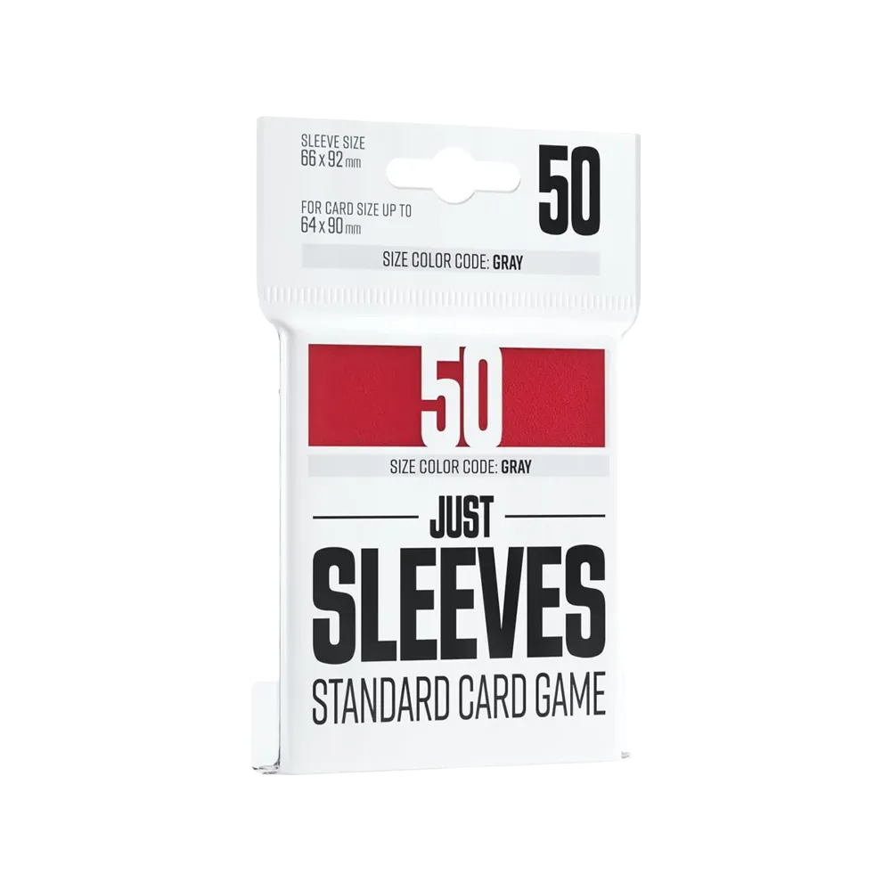 Pack of 50 red card sleeves for standard card games on a white background