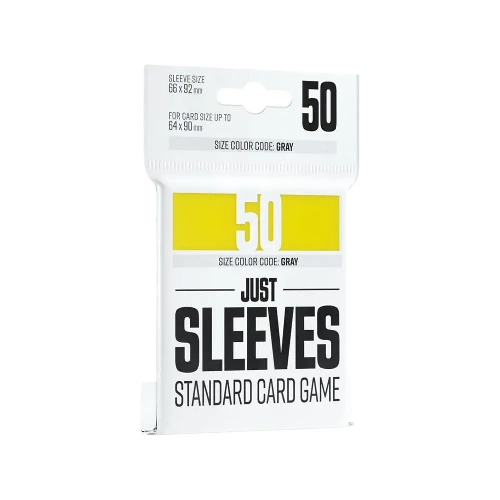 Pack of 50 yellow card game sleeves with size and colour information on a white background