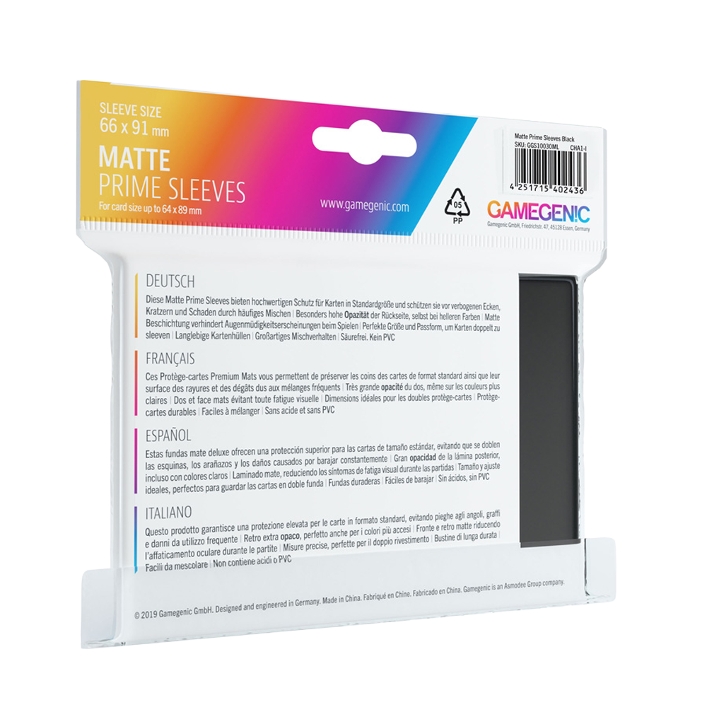 Gamegenic Matte Prime Black Sleeves packaging with colorful top section and text on the back.