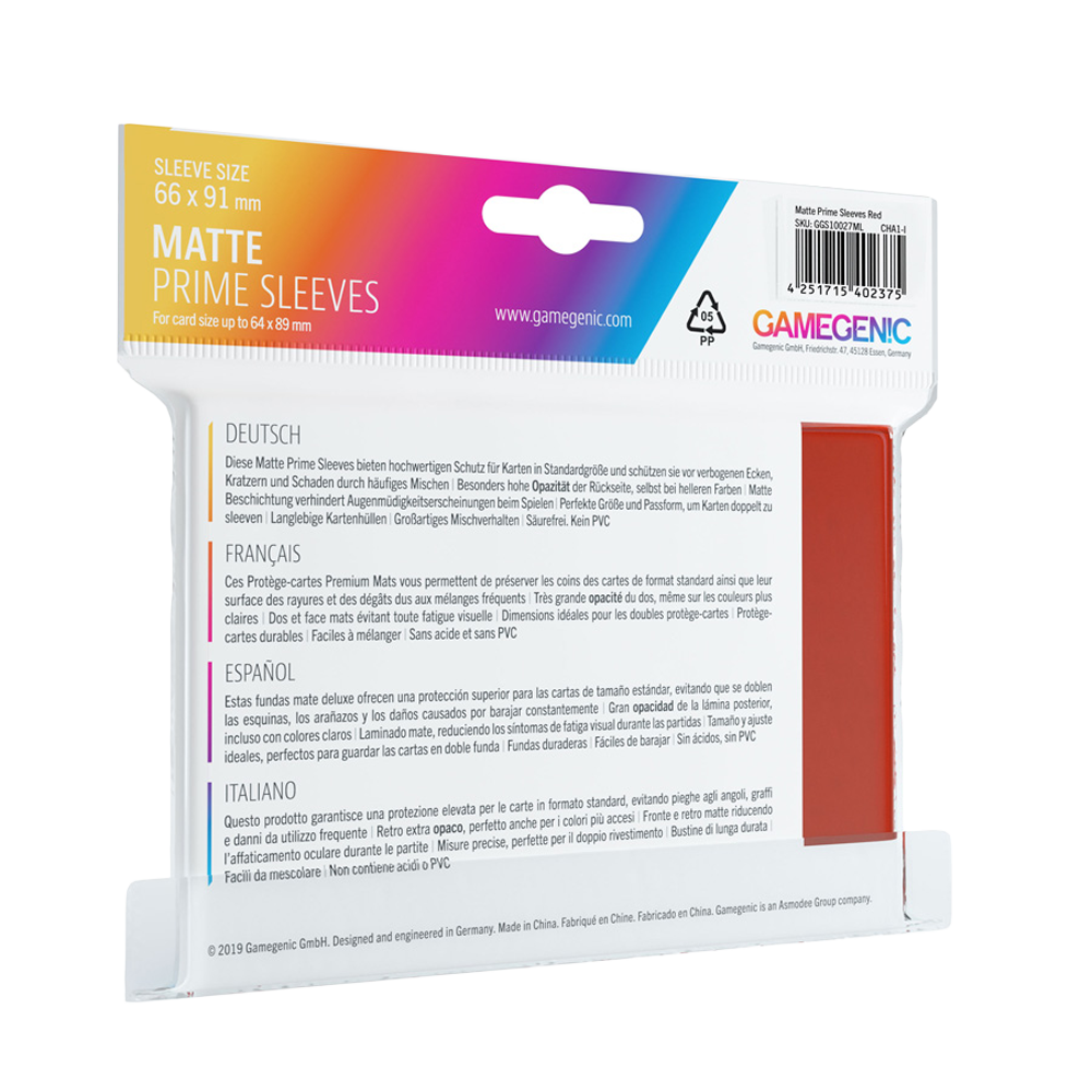 Package of Gamegenic Matte Prime Red Sleeves with colorful design and text.