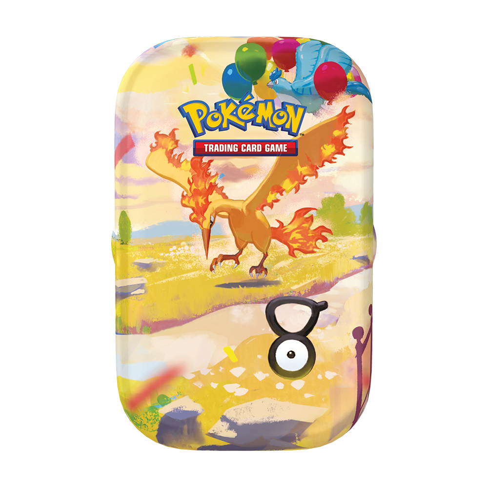 Pokémon TCG 30th Celebration Mini Tin featuring Moltres in the day artwork design