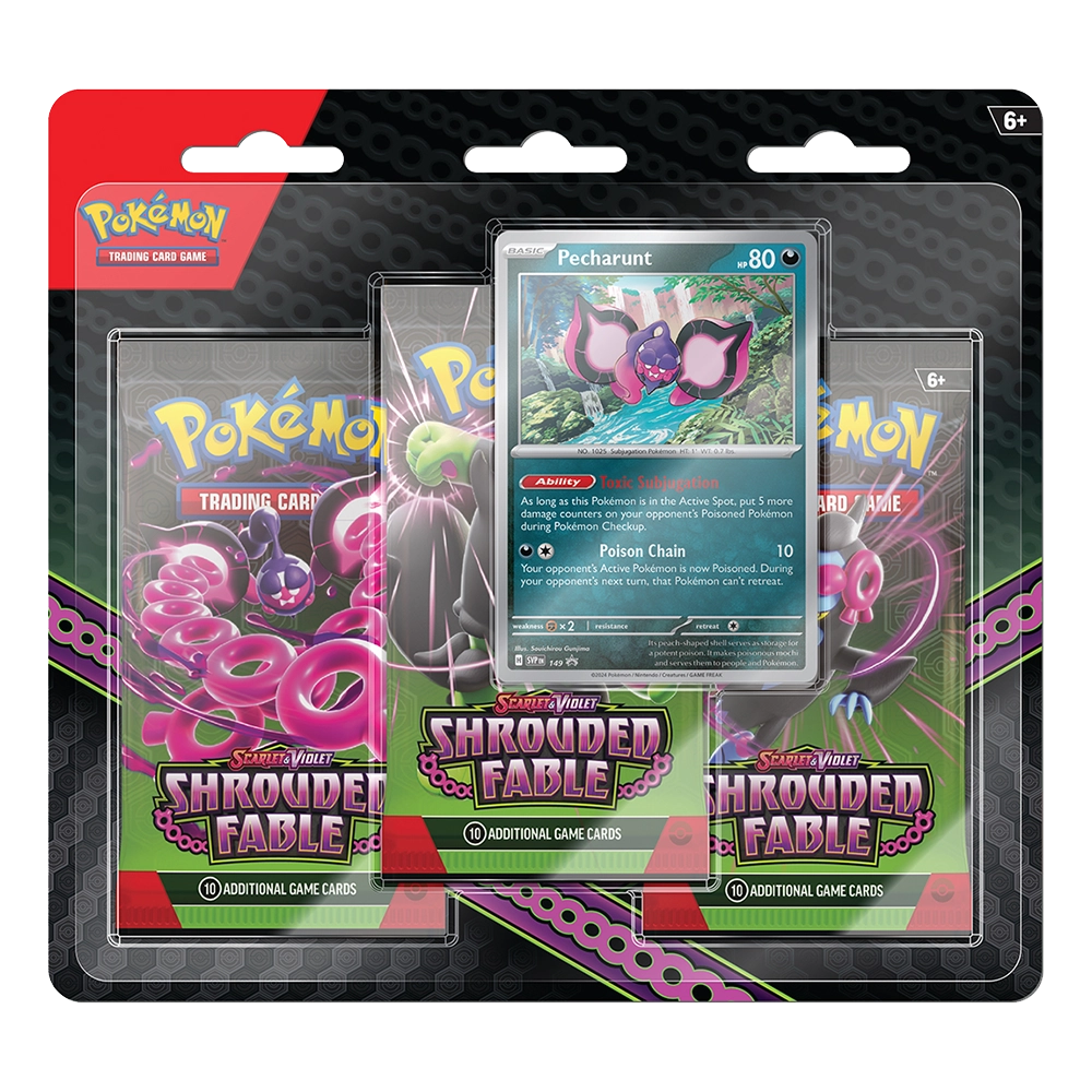 Pokémon Trading Card Game Shrouded Fable booster pack bundle in blister packaging, featuring multiple pink and green Shrouded Fable booster packs with a central Pecharunt card displayed.