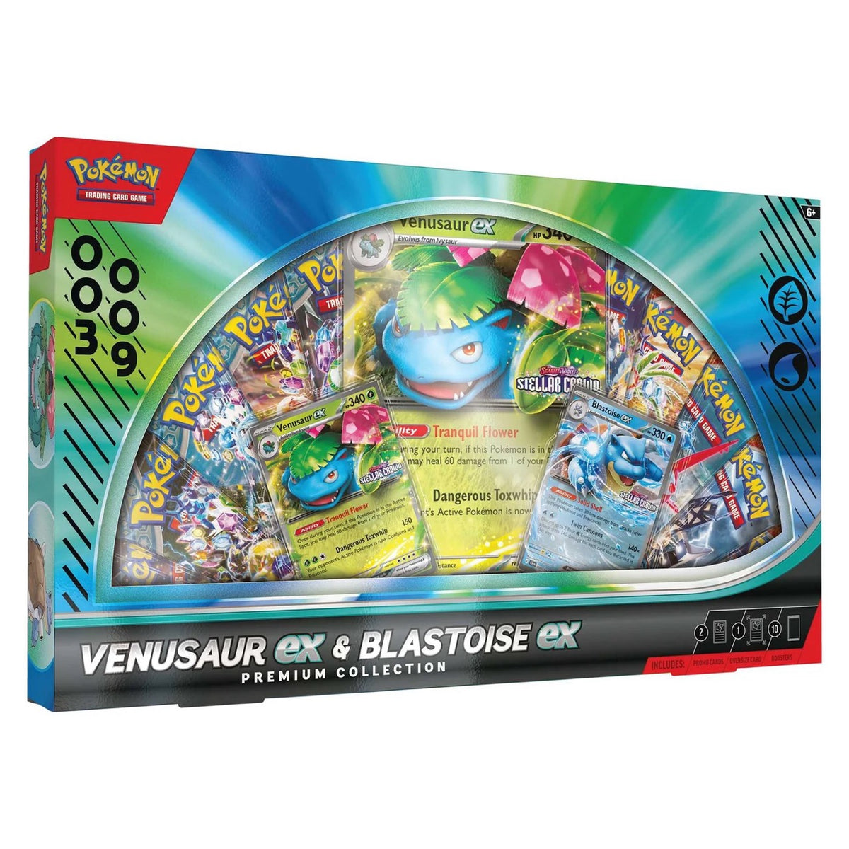 Pokémon trading card game box featuring Venusaur ex and Blastoise ex on a white background