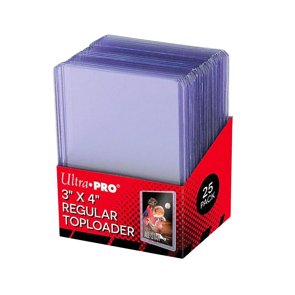 Box of Ultra Pro 3x4 regular toploaders with a clear top loader on a white background