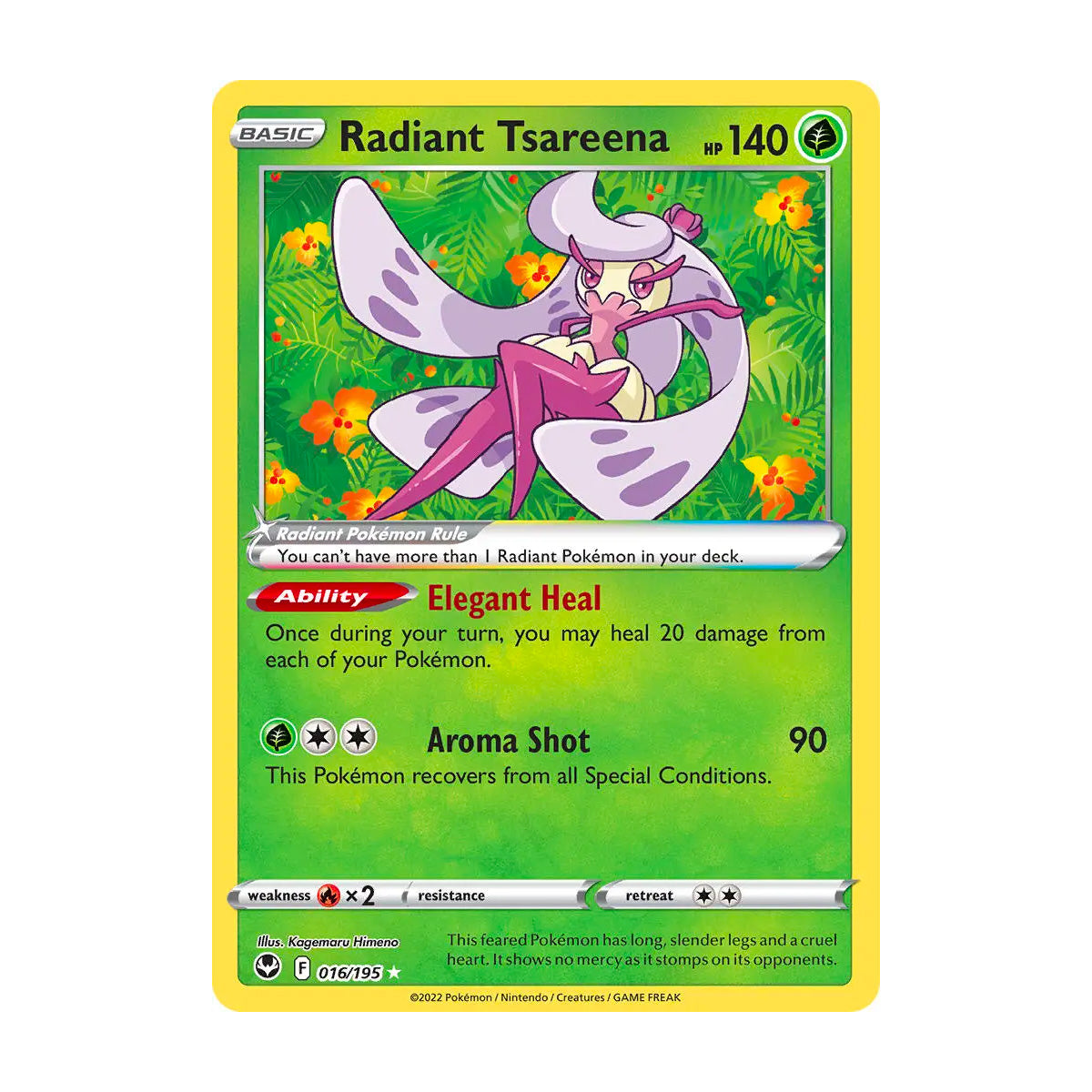 Pokemon Radiant Tsareena 016/195 Holo Card - Silver Tempest Set, Near Mint Condition Pokemon Radiant Tsareena 016/195 Holo Card - Silver Tempest Set, Near Mint Condition