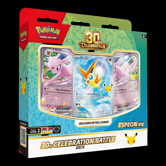 Pokémon TCG 30th Celebration Battle Deck featuring Espeon ex, with a ready-to-play 60-card foil deck