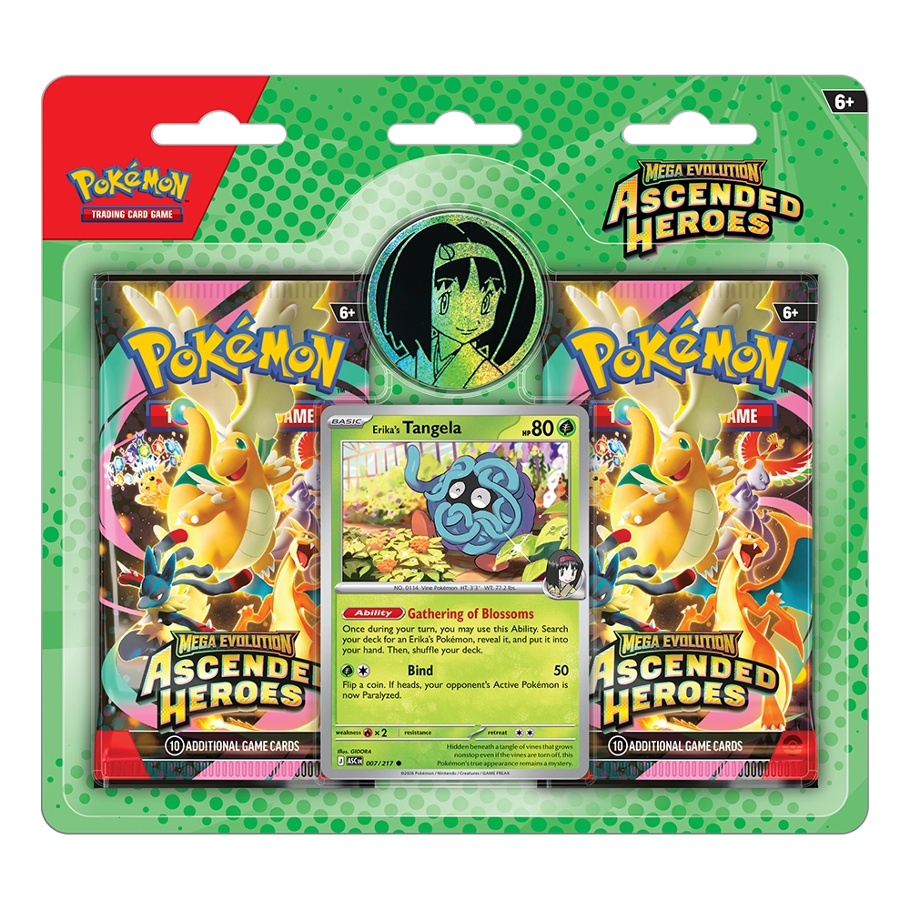 Pokémon Trading Card Game Mega Evolution Ascended Heroes blister pack containing two booster packs and a Erika's Tangela card, on a white background.