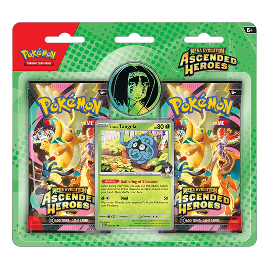 Pokémon Trading Card Game Mega Evolution Ascended Heroes blister pack containing two booster packs and a Erika's Tangela card, on a white background.