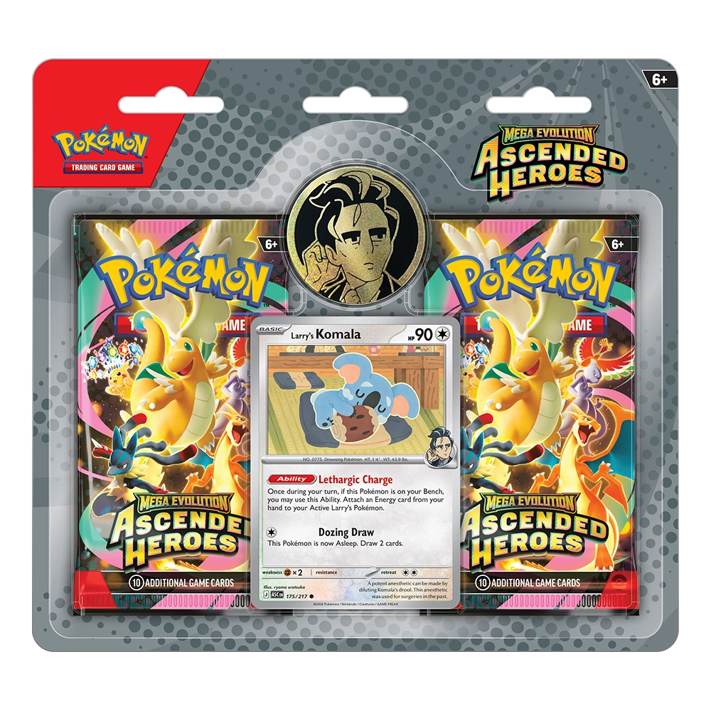 Ascended Heroes Larry Collection with Larry’s Komala promo card, metallic Larry coin and two Pokémon TCG booster packs