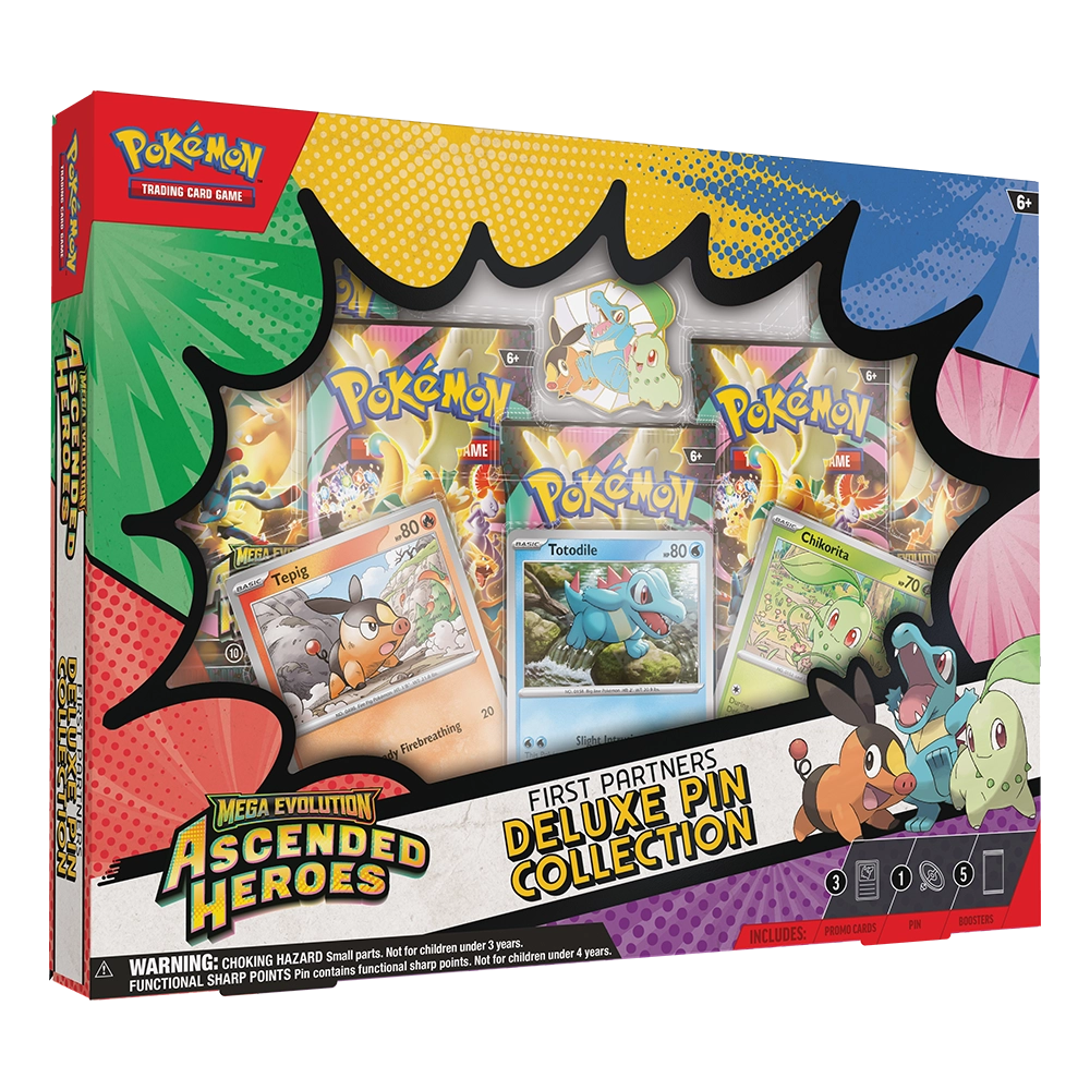 Pokémon Trading Card Game Mega Evolution Ascended Heroes First Partners Deluxe Pin Collection box set, featuring a comic-style black window frame over illustrated card packs and several promo Pokémon cards on the front.