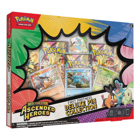 Pokémon Trading Card Game Mega Evolution Ascended Heroes First Partners Deluxe Pin Collection box set, featuring a comic-style black window frame over illustrated card packs and several promo Pokémon cards on the front.
