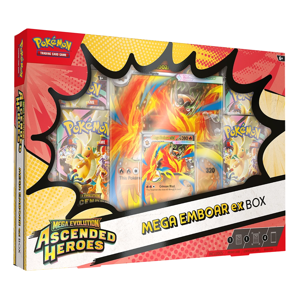 Ascended Heroes Mega Emboar ex Box with foil promo card, oversized lenticular card and 4 Pokémon TCG booster packs