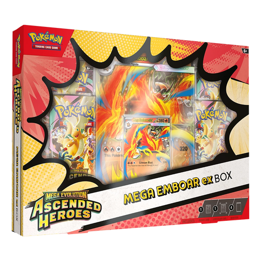 Ascended Heroes Mega Emboar ex Box with foil promo card, oversized lenticular card and 4 Pokémon TCG booster packs