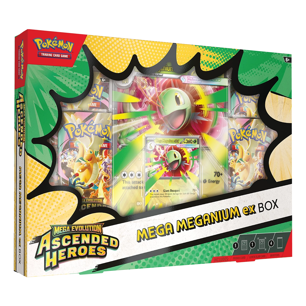 Ascended Heroes Mega Meganium ex Box with foil promo card, oversized lenticular card and 4 Pokémon TCG booster packs