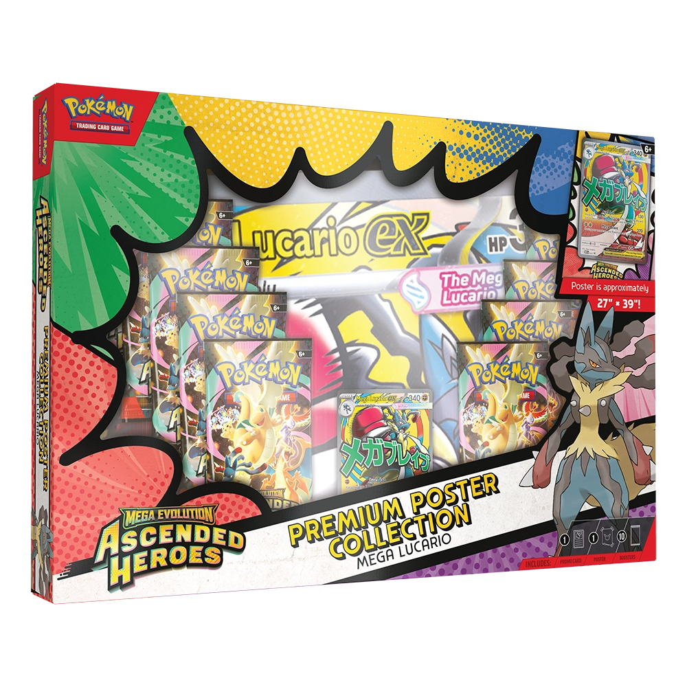 Pokémon Lucario EX Premium Poster Collection box set, featuring multiple illustrated booster packs and a poster inside a comic-style pop-art window box design.