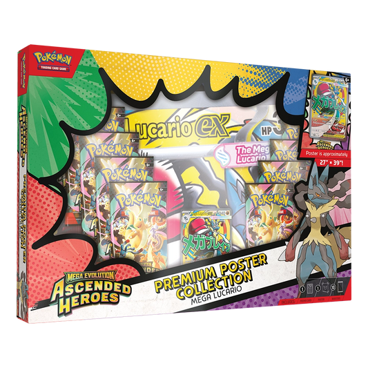 Pokémon Lucario EX Premium Poster Collection box set, featuring multiple illustrated booster packs and a poster inside a comic-style pop-art window box design.
