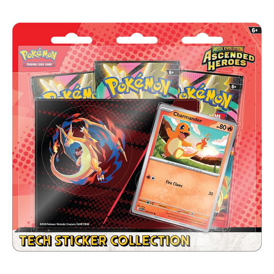 Pokémon trading card game packaging with Charmander card on a red background