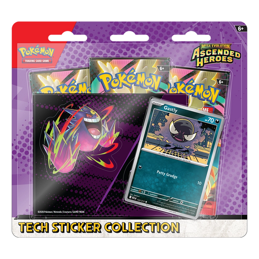 Pokémon trading card game packaging with cards and stickers on a purple background