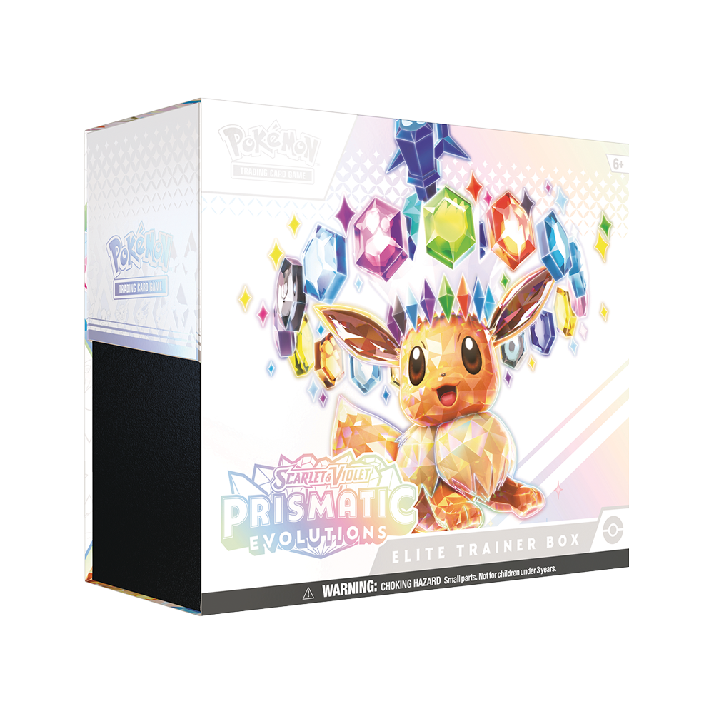 Pokémon Scarlet & Violet Prismatic Evolutions Elite Trainer Box packaging, featuring Eevee surrounded by colorful prismatic gem graphics on a white box with holographic accents.