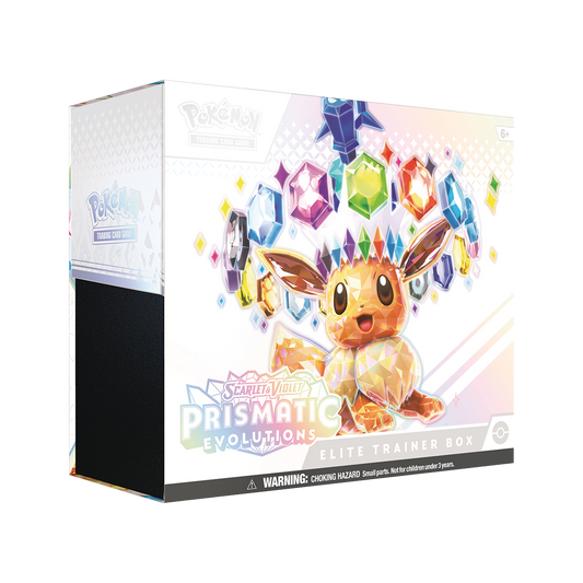 Pokémon Scarlet & Violet Prismatic Evolutions Elite Trainer Box packaging, featuring Eevee surrounded by colorful prismatic gem graphics on a white box with holographic accents.