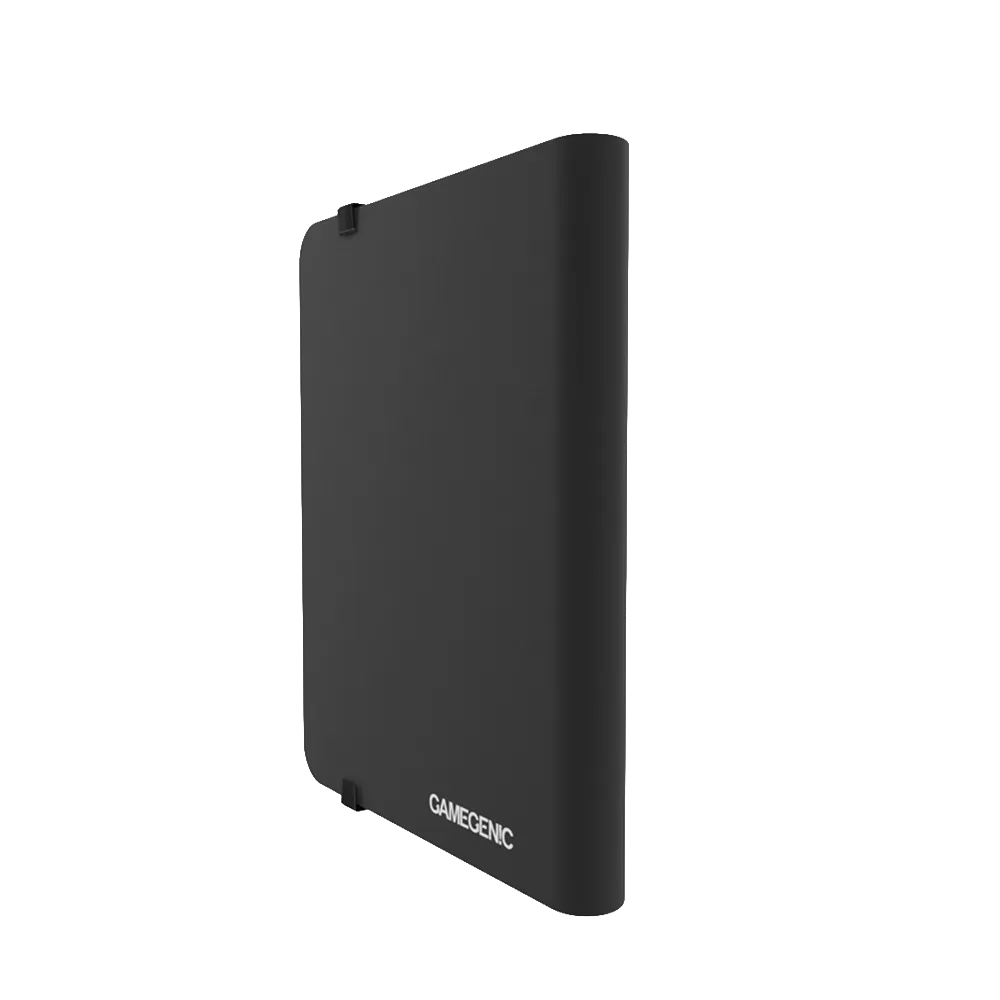 Back of a Black Gamegenic Casual 8-Pocket Album Binder for Trading Cards, standing upright and closed
