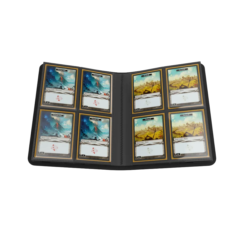 Open Black Gamegenic Casual 8-Pocket Album Binder for Trading Cards, with cards in pockets
