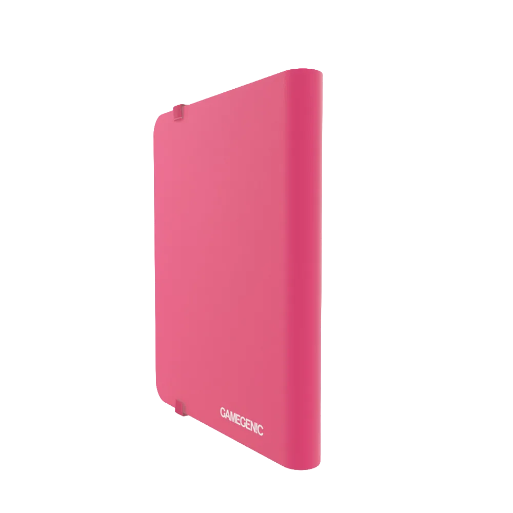 Back of a Pink Gamegenic Casual 8-Pocket Album Binder for Trading Cards, standing upright and closed
