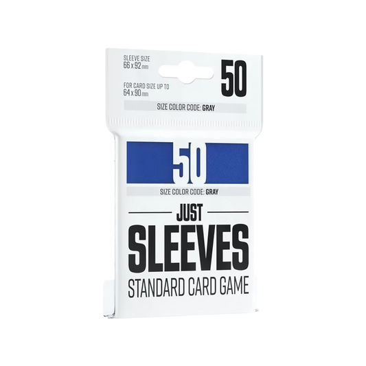 Blue card game sleeve packaging with 'Just Sleeves' branding on a white background