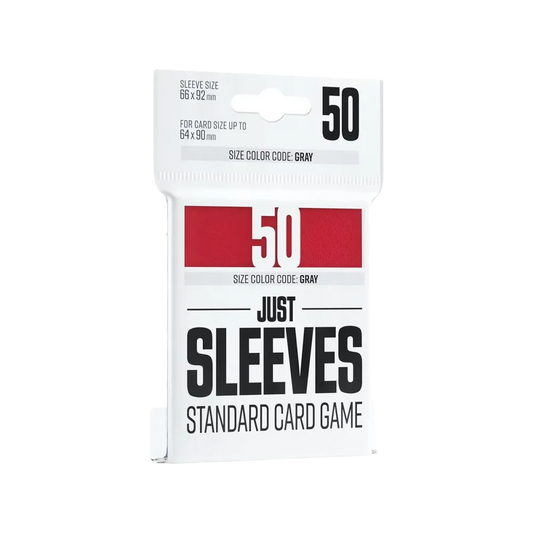 Pack of 50 red card sleeves for standard card games on a white background