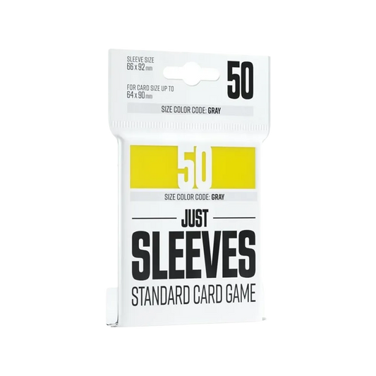 Pack of 50 yellow card game sleeves with size and colour information on a white background