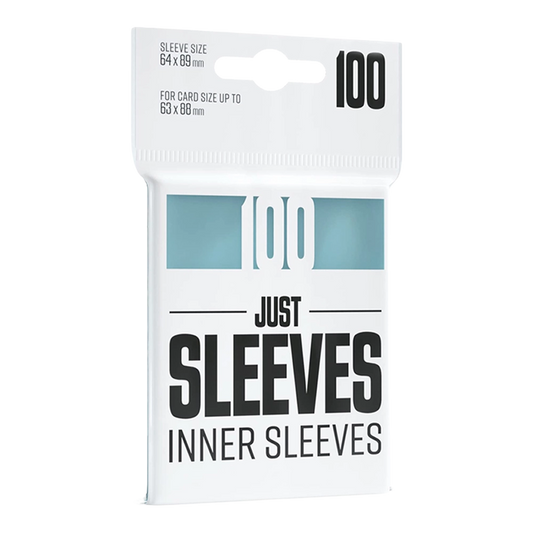 A package of 100 card inner sleeves by Just Sleeves, featuring a white plastic packaging sleeve with a hanger tab and printed black text alongside a light blue graphic window showing the sleeves inside.