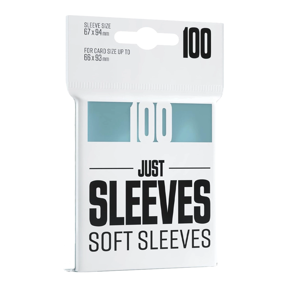 A pack of 100 card sleeves in white packaging with black text and a light blue accent block, labeled 'JUST SLEEVES SOFT SLEEVES' and '100'.