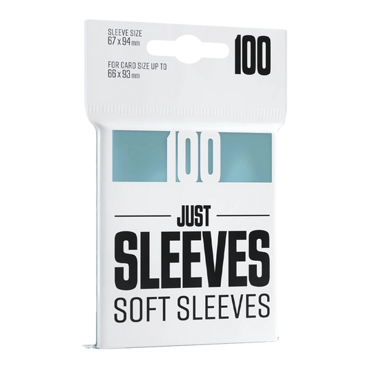 A pack of 100 card sleeves in white packaging with black text and a light blue accent block, labeled 'JUST SLEEVES SOFT SLEEVES' and '100'.