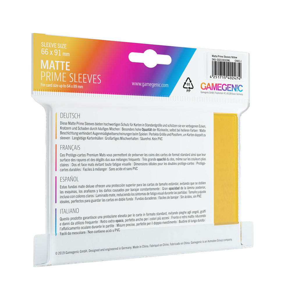 Back of packaging of Gamegenic Matte Prime Yellow Sleeves with colorful design and text.