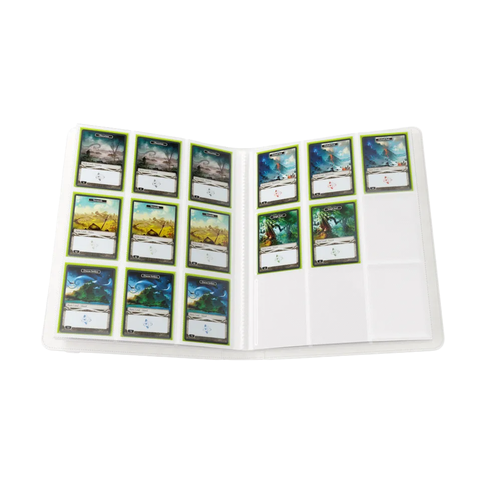 Opened White Gamegenic Prime 18-Pocket Album, with placeholder cards in the pockets