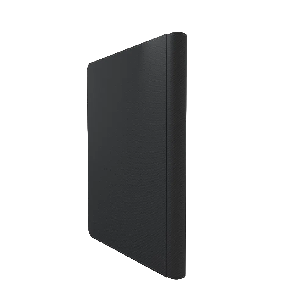 Back of a Black Gamegenic Zip-Up 18-Pocket Album Binder for Trading Card, standing upright and closed