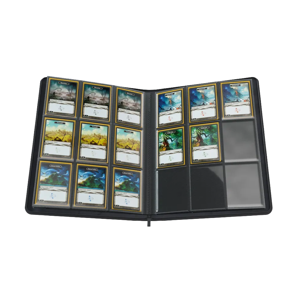 Opened Black Gamegenic Zip-Up 18-Pocket Album Binder for Trading Cards, with cards in pockets
