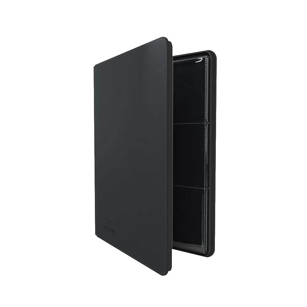 Black Gamegenic Zip-Up 18-Pocket Album Binder for Trading Card, standing upright and opened slightly