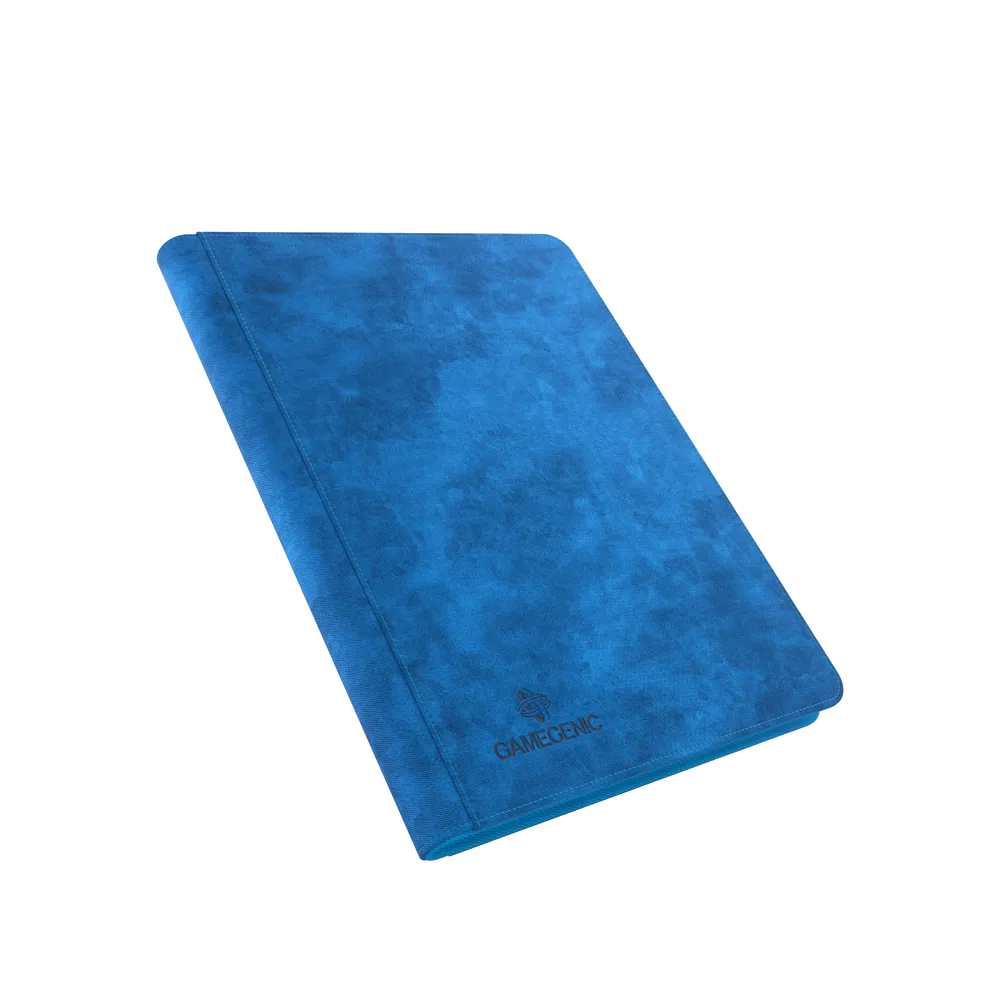 Angled shot of a closed Blue Gamegenic Zip-Up 18-Pocket Album Binder for Trading Cards,