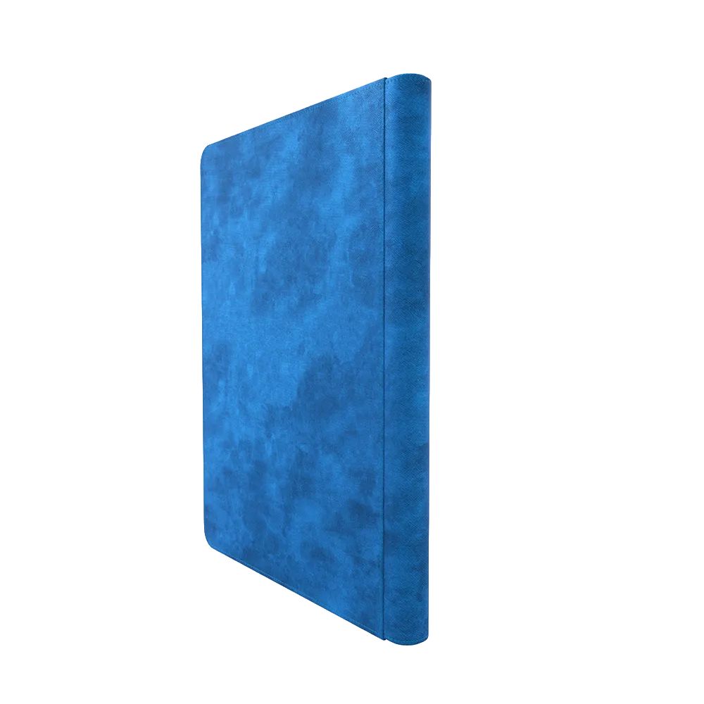 Back of a Blue Gamegenic Zip-Up 18-Pocket Album Binder for Trading Cards, standing upright and closed