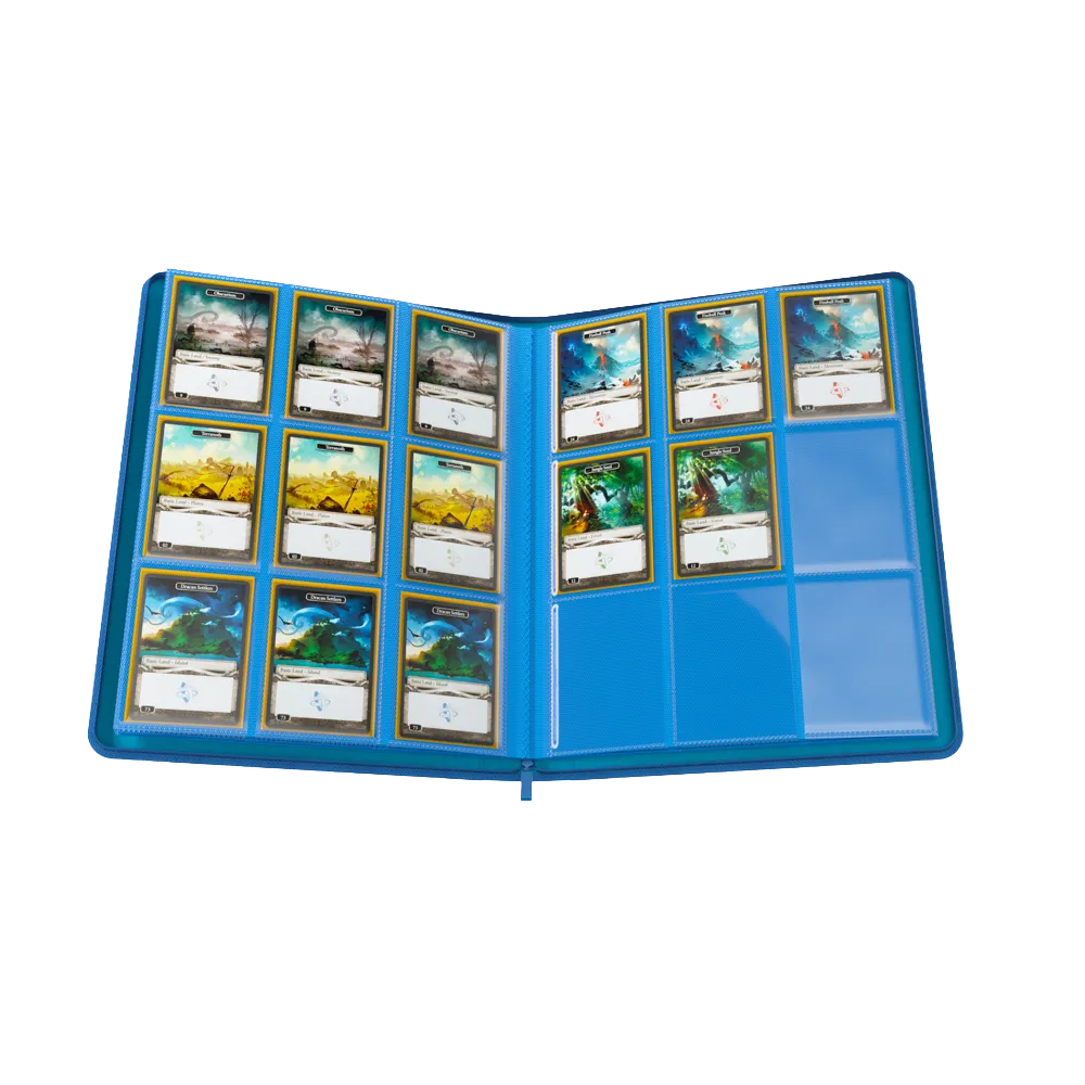 Opened Blue Gamegenic Zip-Up 18-Pocket Album Binder for Trading Cards with cards in pockets