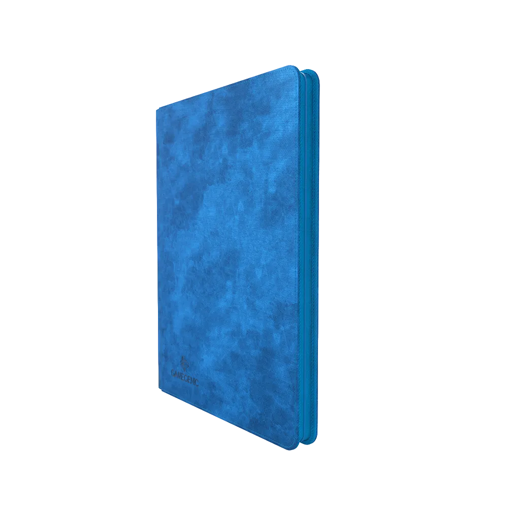 Blue Gamegenic Zip-Up 18-Pocket Album Binder for Trading Cards, standing upright and closed
