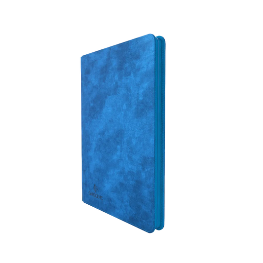 Blue Gamegenic Zip-Up 18-Pocket Album Binder for Trading Cards, standing upright and closed