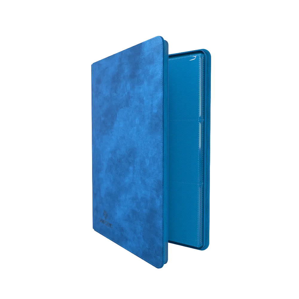 Blue Gamegenic Zip-Up 18-Pocket Album Binder for Trading Cards, standing upright and opened slightly