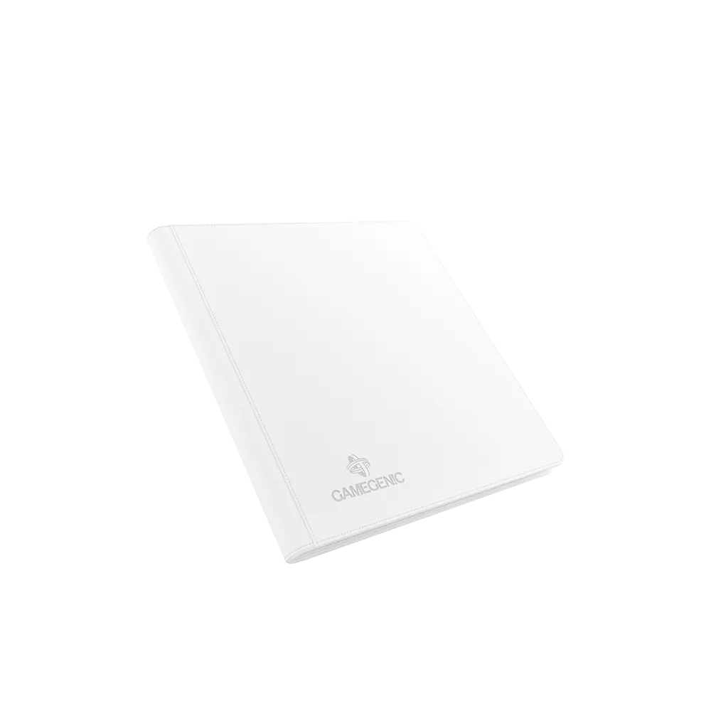 Angled shot of a White Gamegenic Zip-Up 24-Pocket Album Binder for Trading Cards,