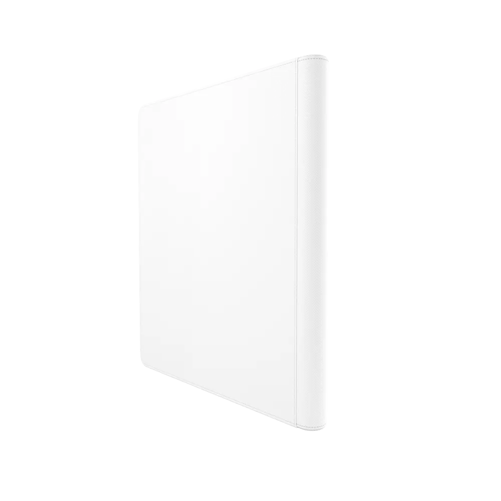 Back of aWhite Gamegenic Zip-Up 24-Pocket Album Binder for Trading Cards, standing upright and closed