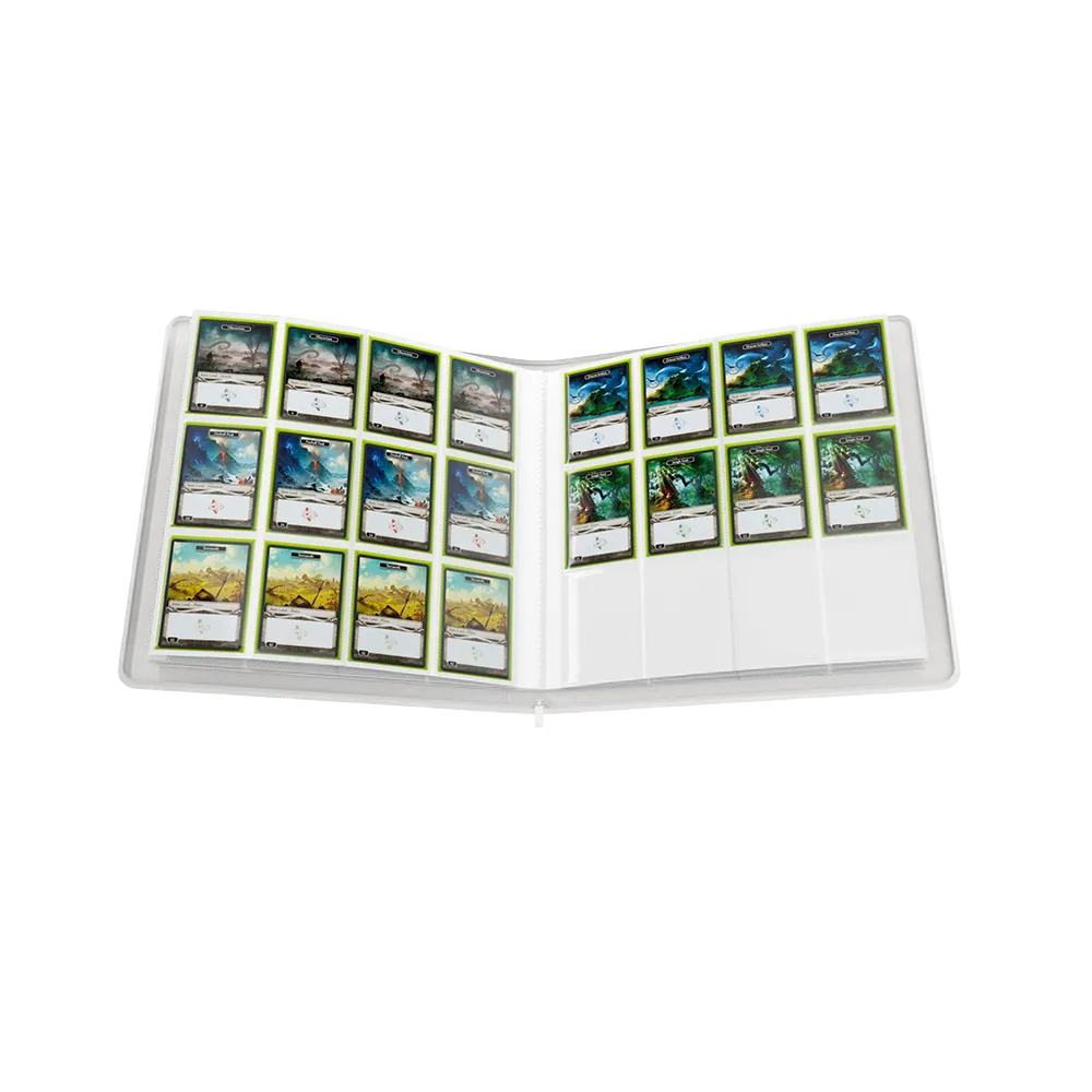 Opened White Gamegenic Zip-Up 24-Pocket Album Binder for Trading Cards, with cards in the pockets
