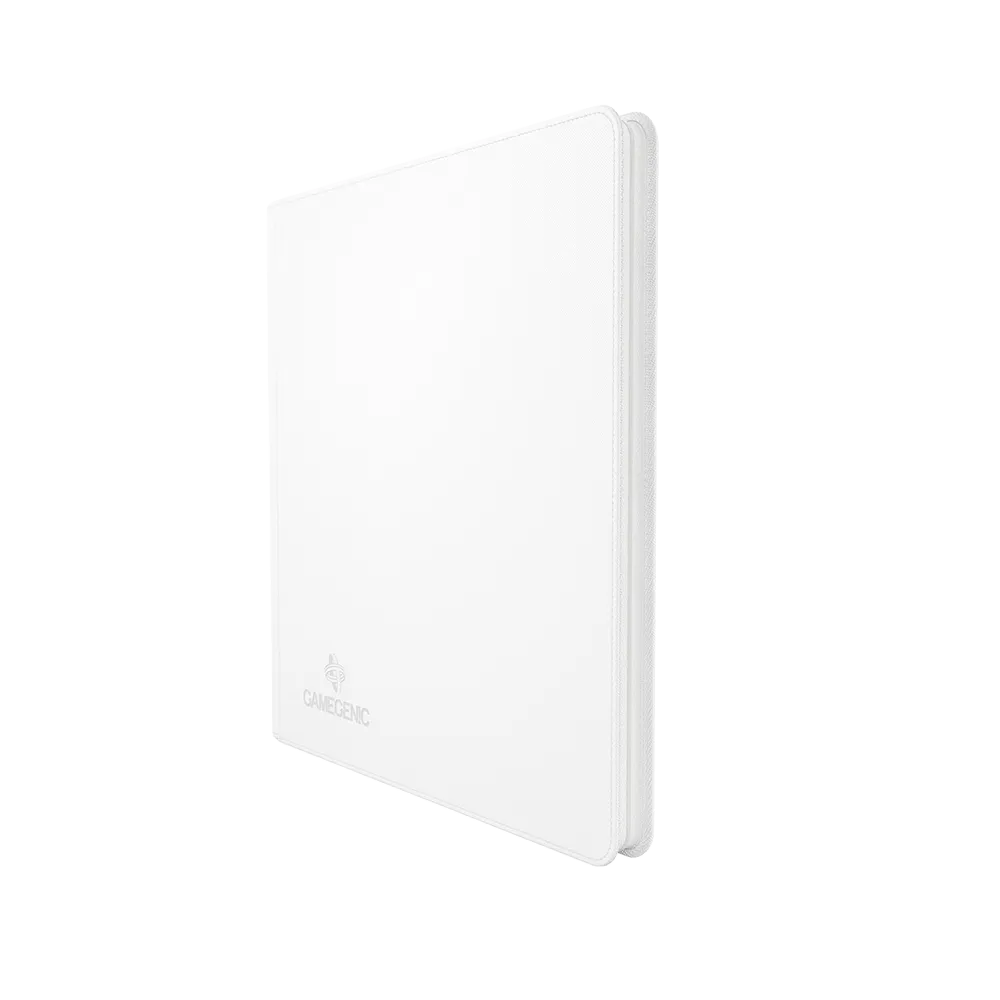 White Gamegenic Zip-Up 24-Pocket Album Binder for Trading Cards, standing upright and closed