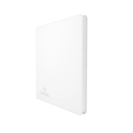 White Gamegenic Zip-Up 24-Pocket Album Binder for Trading Cards, standing upright and closed